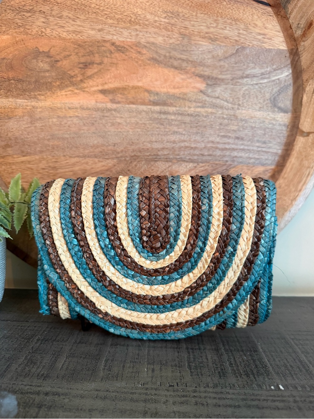 Atmosphere Straw Clutch Shoulder Bag Chocolate Turquoise Natural Arched Design